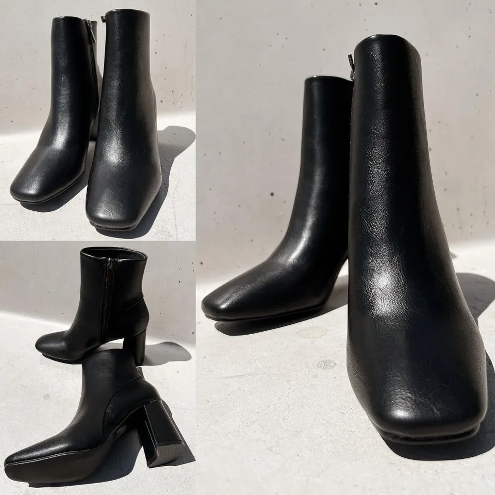 NEW Black Faux Leather Sleek Slim Square Toe Block Heel Ankle Boots Bootie Shoes - Picture 8 of 13